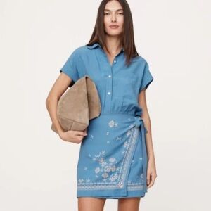 NWT Banana Republic Medium Linen Blend Embroidered Wrap Dress Mini Blue